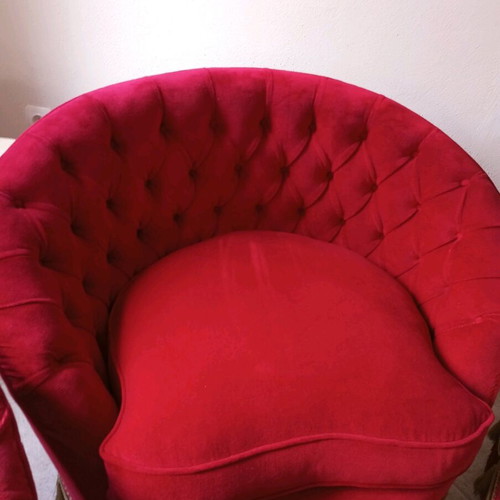 Handmade three-seater sofa and armchairs like new, red velvet