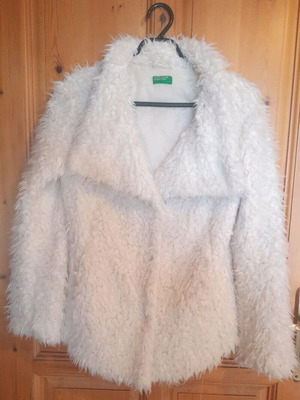 Benetton faux fur coat used, white/cream, size M