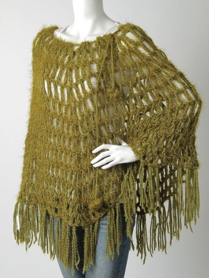 Olive green knitted women's poncho with fringes
