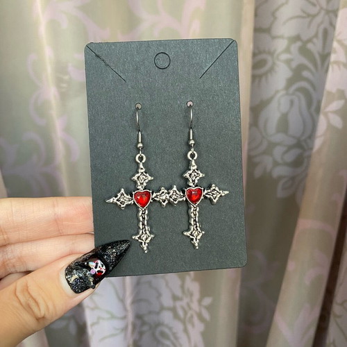 Red Gothic Cross Earrings New with Steel Hooks