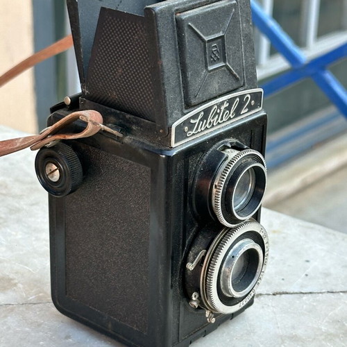 Lubitel 2 camera used with original leather case