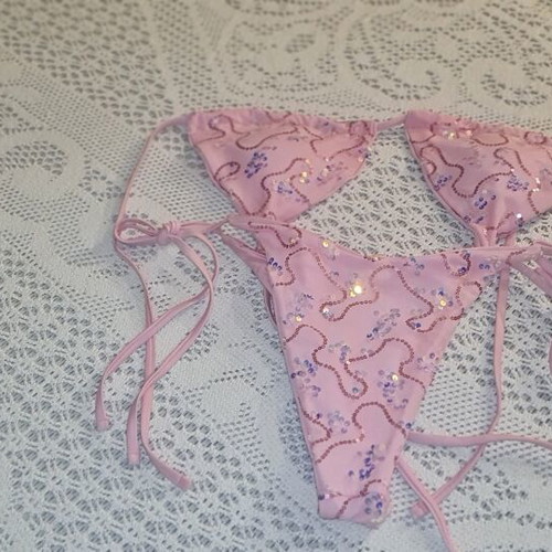 Bikini set pink size M/L like new with pearls, Brazilian tie