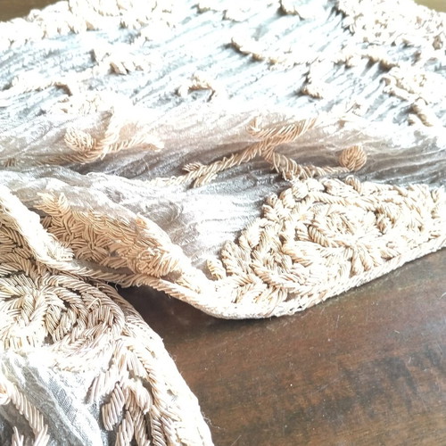 Organza table runner embroidered with gold thread used, vintage 1950s