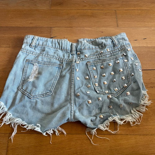 Shorts with fringes used, light blue rock style, size S
