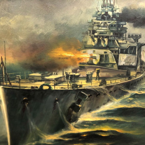 Fotis Kotsinas oil painting used, battle scene of German battleship Bismarck