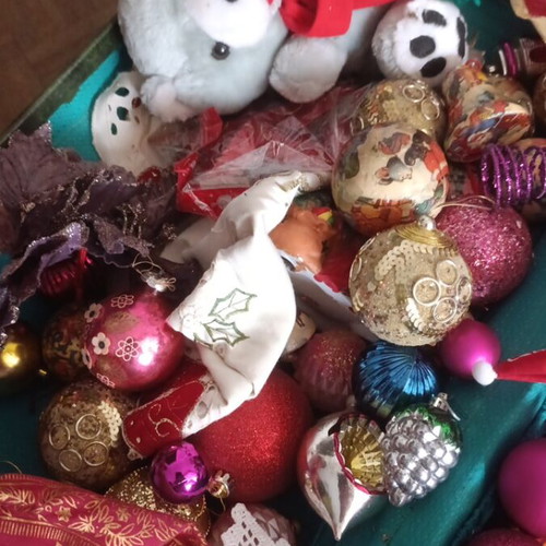 Vintage Christmas suitcase with decorations and Coca-Cola bears, used