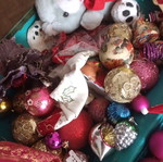 Vintage Christmas suitcase with decorations and Coca-Cola bears, used