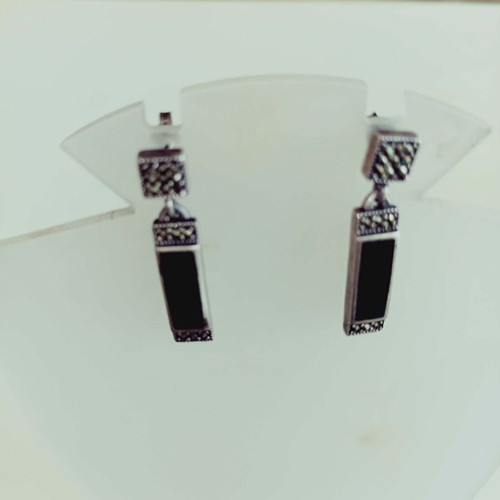 Apefthon Silver 925 Earrings with Black Stone and Marcasite New