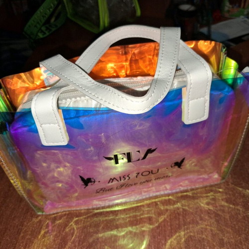 Transparent handbag with iridescent shades and removable inner pouch new