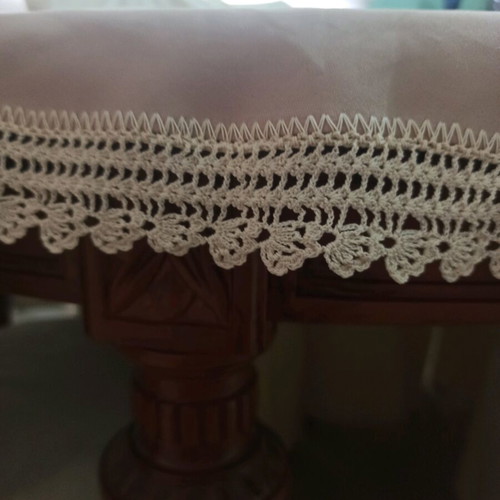 Tablecloth with lace used, embroidered floral design, beige