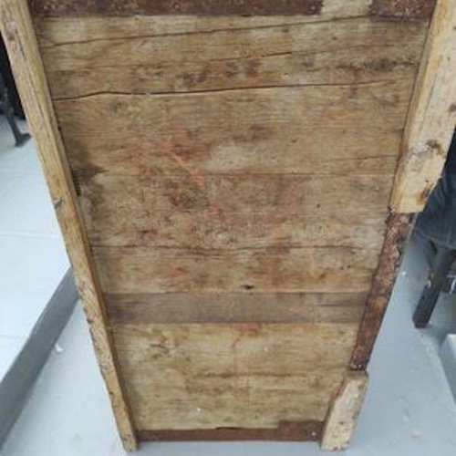 Wooden antique chest used with metal lining I.G. Velentzas
