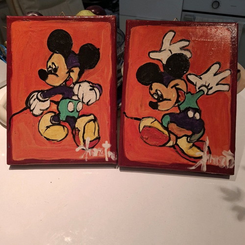 Mickey Mouse set of two handmade paintings with wooden frames and hanger