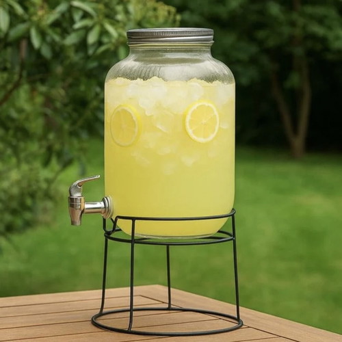 Glass jar with tap 4L, transparent with ribbed design