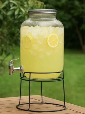 Glass jar with tap 4L, transparent with ribbed design
