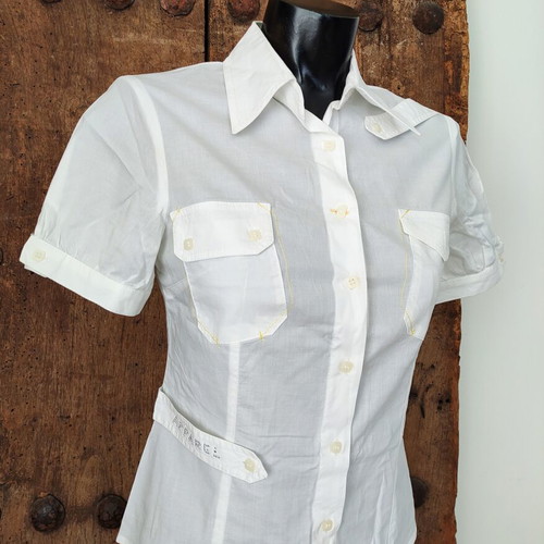 White short sleeve utility shirt with contrast stitching and waist strap