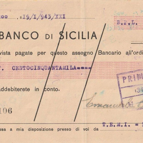 Historical Italian Period Check used, Banca di Cicilia 1943, Rodi
