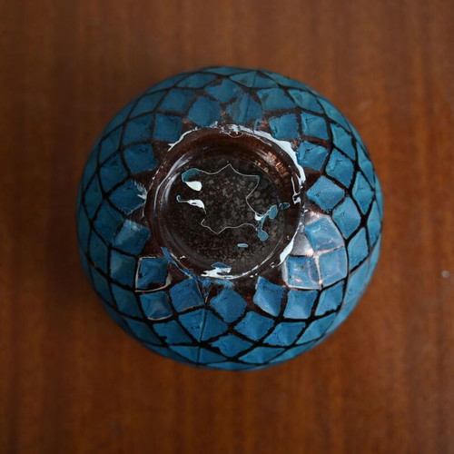 Glass decorative mosaic candle holder used, blue and copper tones
