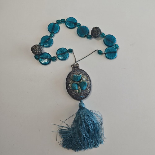 Boho Statement Long Turquoise Necklace with Pendant and Tassel used