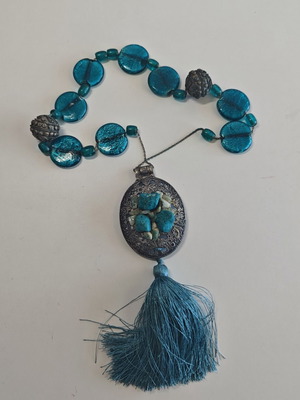 Boho Statement Long Turquoise Necklace with Pendant and Tassel used