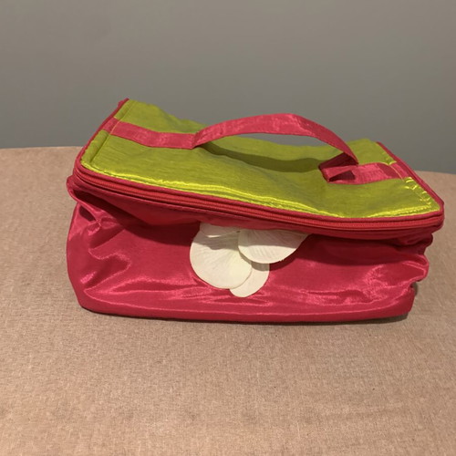 Cosmetic toiletry bag with handle, pink and green