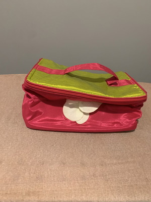 Cosmetic toiletry bag with handle, pink and green