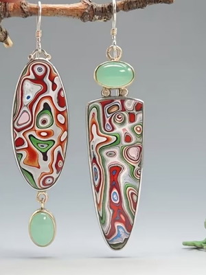 Earrings with colorful designs and subtle green stone new
