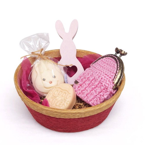 Easter gift basket new with soaps, porcelain decoration and knitted wallet