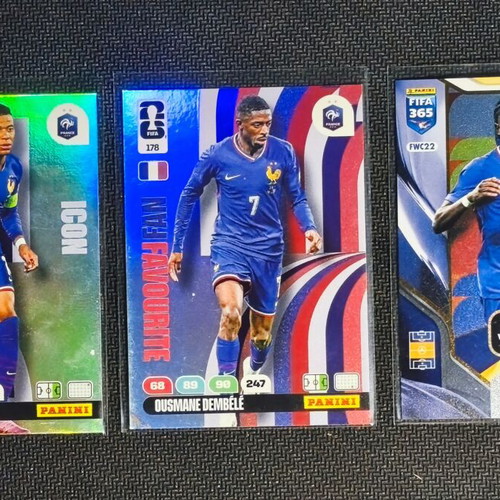 France Lot of 3 Panini Adrenalyn XL Cards Mbappé Icon Dembélé Fan Favourite Manu Koné