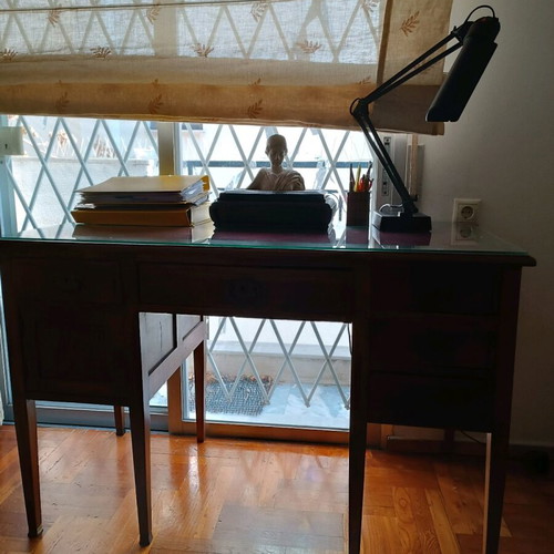 Antique desk like new with burgundy fabric and glass