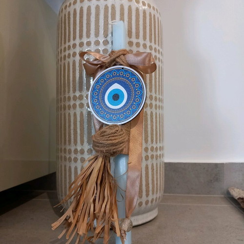 Boho Easter Candle with Eye new, blue and earthy tones