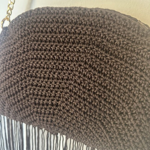 Handmade knitted shoulder bag with fringes dark brown