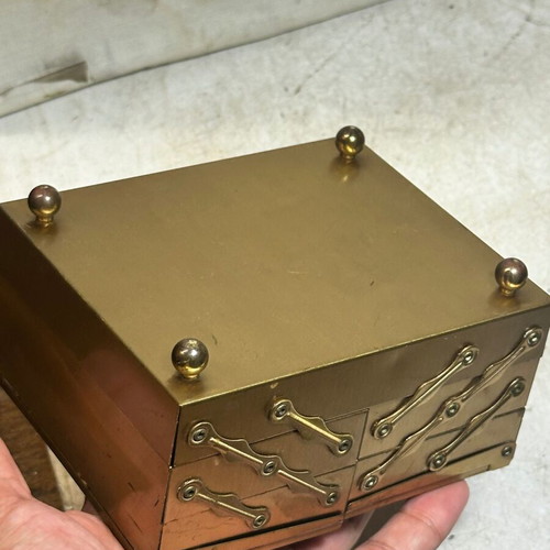 Vintage metal jewelry box with drawer mechanism and velvet lining used