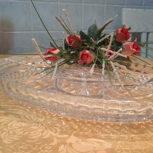 Oval crystal dish with compartments and lid for nuts and chocolates, new