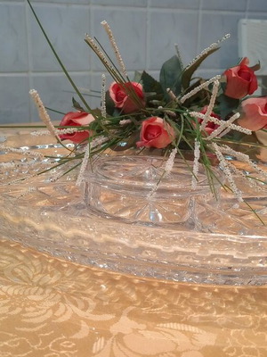 Oval crystal dish with compartments and lid for nuts and chocolates, new