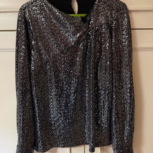 Zara Long-Sleeve Sequin Blouse New, Black with Silver