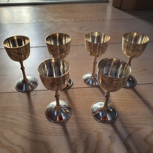 Silver-plated liqueur glasses used, set of 6, 1970s with nice pattern