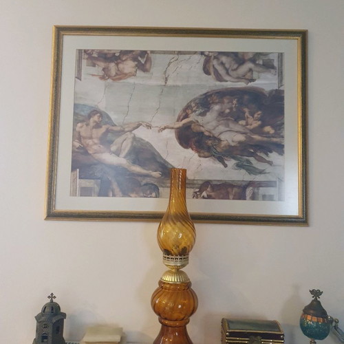 Λάμπα από κεχριμπάρι γυαλί μεταχειρισμένη, περίτεχνη, ύψος 55 εκ.