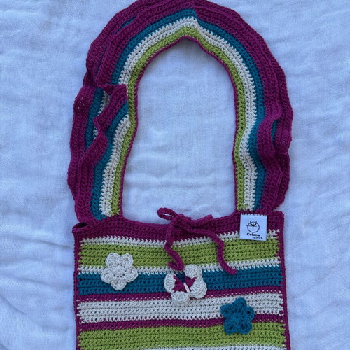 Knitted shoulder bag new, colorful with 3D flowers and butterflies