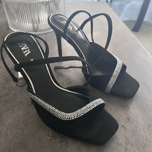 Zara Black High-Heeled Strappy Evening Sandals Size 38 New