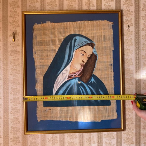 Painting of Virgin Mary on papyrus with gold frame like new