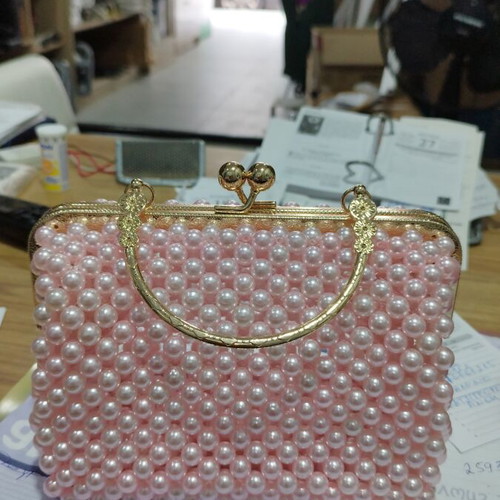 Handmade pink beaded handbag with silver and gold zipper, new
