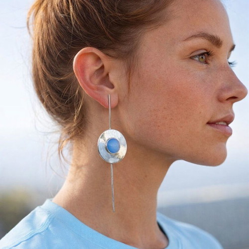 Handmade Georgian modernist earrings with blue cat’s eye stone used
