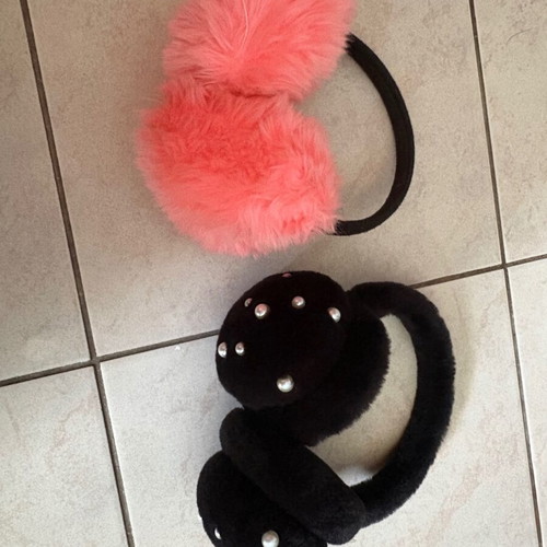 Fur Ear Muffs Set of 2 with Pearls, like new, pink and black