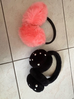 Fur Ear Muffs Set of 2 with Pearls, like new, pink and black