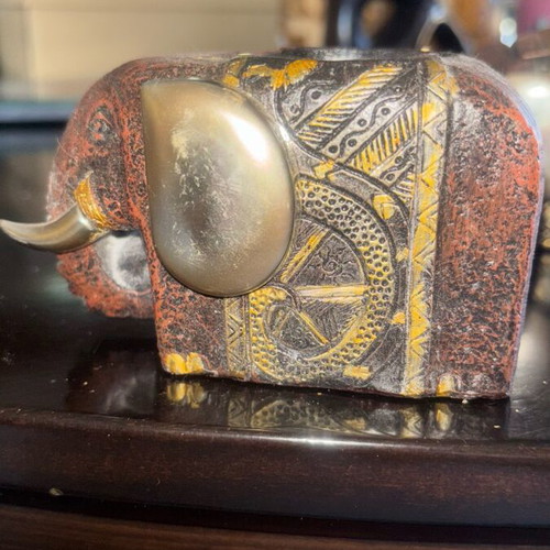 Elephant candle holder and box set used, Indian folk art