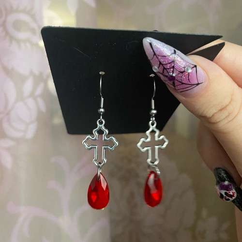 Gothic vampire cross earrings new with red crystals and steel hooks