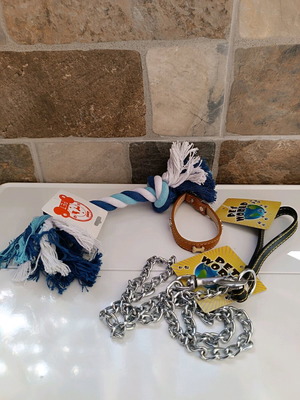 Dog accessories new with tags, rope toy, leash 35 cm, chain 120 cm