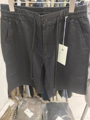 Men's Black Linen Bermuda Shorts with Elastic Waist and Drawstrings, New