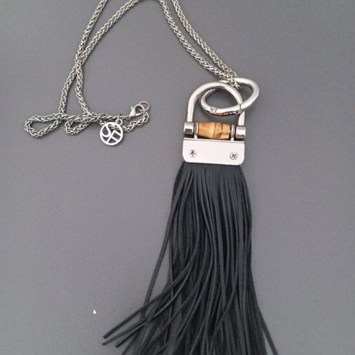 Leather necklace with silver chain new, black