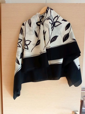Large scarf used with floral pattern in black and white